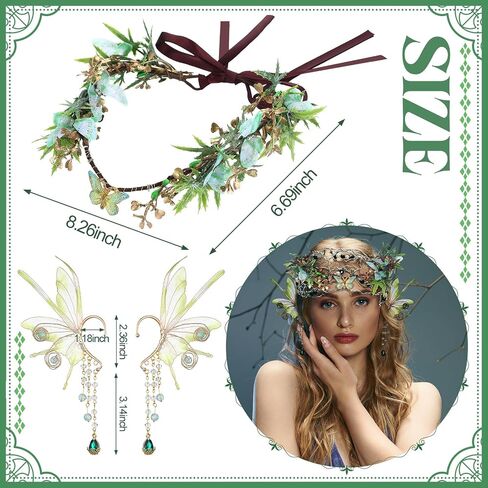Tondiamo 2 Pcs Fairy Butterfly Elf Set Elf Flower Crown Headpiece Fairy Ears Cuffs Renaissance Accessories Costume Halloween Elves Cosplay for Women Cosplay Dress up Woodland Party Green in Saudi Arabia