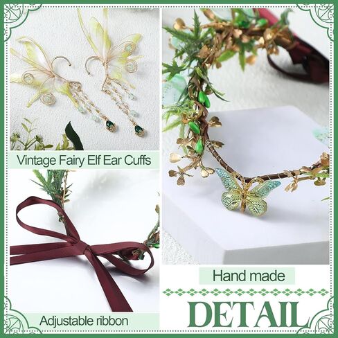 Tondiamo 2 Pcs Fairy Butterfly Elf Set Elf Flower Crown Headpiece Fairy Ears Cuffs Renaissance Accessories Costume Halloween Elves Cosplay for Women Cosplay Dress up Woodland Party Green in Saudi Arabia
