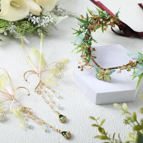 Tondiamo 2 Pcs Fairy Butterfly Elf Set Elf Flower Crown Headpiece Fairy Ears Cuffs Renaissance Accessories Costume Halloween Elves Cosplay for Women Cosplay Dress up Woodland Party Green in Saudi Arabia