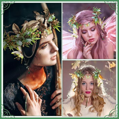 Tondiamo 2 Pcs Fairy Butterfly Elf Set Elf Flower Crown Headpiece Fairy Ears Cuffs Renaissance Accessories Costume Halloween Elves Cosplay for Women Cosplay Dress up Woodland Party Green in Saudi Arabia