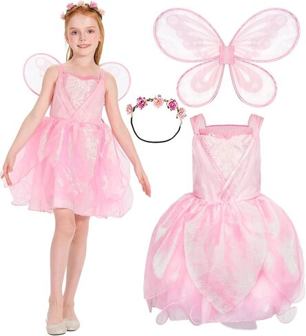 Girls Fairy Costume, Princess Dress Wings Tutu Sequin Suit for Kids Halloween Party Fancy Dress Up Dresses 3-10Y in Saudi Arabia