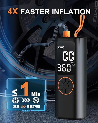 Tire Inflator Portable Air Compressor - 4X Faster Inflation Cordless Mini Air Pump with Digital Pressure Gauge with Digital Pressure Gauge/LED Light Portable Tire Inflator for Car/Moto/Bike/Ball etc. in Saudi Arabia