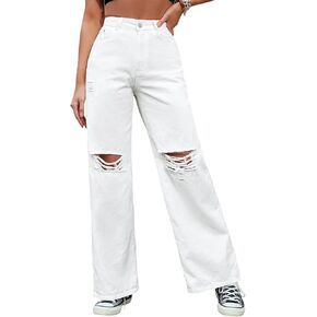 Women's High Waisted Ripped Wide Leg Denim Pants Casual Loose Fit Jeans in Kuwait