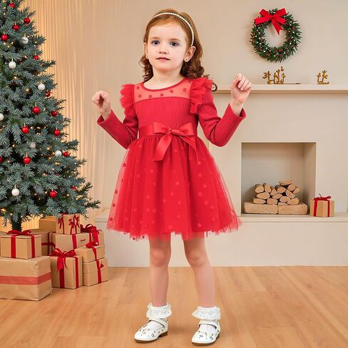Miipat Toddler Girls Tulle Dress Long Sleeve Tutu Dress Little Kids Ruffle Party Princess Dress in Kuwait