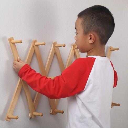 شماعات Webi Accordion Wall ، رف معطف خشبي قابل للتوسيع مثبت على الحائط ، رف القبعة للجدار ، رف خطاف الأكورديون للقبعات ، القبعات ، 16 خطاف ربط ، لون الجوز in Kuwait