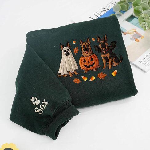 NAZENTI Custom Spooky German Shepherd Embroidered Sweatshirt, Ghost Shepherd Lovers Gifts, German Shepherds Mom Gifts for Women, Personalized Halloween Dog Mom Gift, Halloween Shirt for Dog Owners in Saudi Arabia