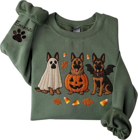 NAZENTI Custom Spooky German Shepherd Embroidered Sweatshirt, Ghost Shepherd Lovers Gifts, German Shepherds Mom Gifts for Women, Personalized Halloween Dog Mom Gift, Halloween Shirt for Dog Owners in Saudi Arabia