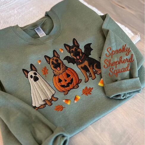 NAZENTI Custom Spooky German Shepherd Embroidered Sweatshirt, Ghost Shepherd Lovers Gifts, German Shepherds Mom Gifts for Women, Personalized Halloween Dog Mom Gift, Halloween Shirt for Dog Owners in Saudi Arabia