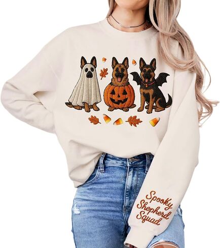 NAZENTI Custom Spooky German Shepherd Embroidered Sweatshirt, Ghost Shepherd Lovers Gifts, German Shepherds Mom Gifts for Women, Personalized Halloween Dog Mom Gift, Halloween Shirt for Dog Owners in Saudi Arabia