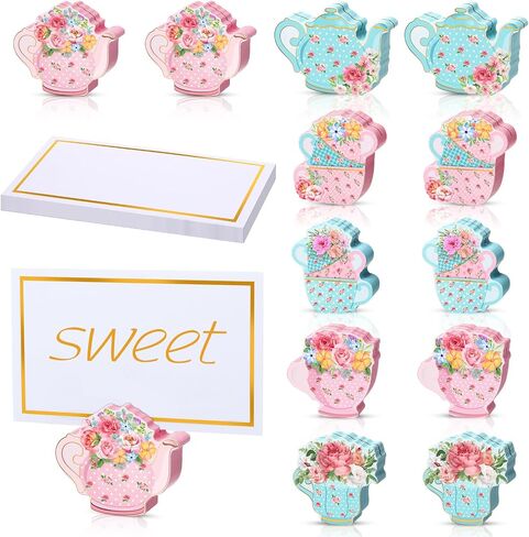 Kigley 18 Pcs Teapot Wooden Place Card Holder with 25 Pcs Gold Foil Card Tea Floral Party Wooden Table Sign Teapot Picture Number Sign Stands Holder for Wonderland Tea Party Baby Shower (Cute) in Saudi Arabia