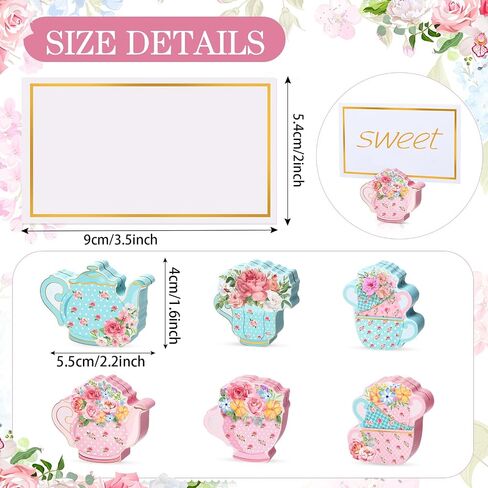 Kigley 18 Pcs Teapot Wooden Place Card Holder with 25 Pcs Gold Foil Card Tea Floral Party Wooden Table Sign Teapot Picture Number Sign Stands Holder for Wonderland Tea Party Baby Shower (Cute) in Saudi Arabia
