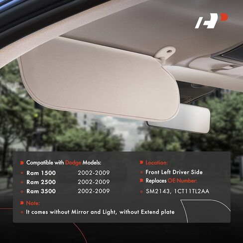 واقي الشمس من الجانب الأيسر للسائق A-Premium متوافق مع دودج رام 1500، رام 2500، رام 3500، 2002-2009 - بدون ضوء الغرور، بدون مرآة الغرور، بدون لوحة تمديد، اللون الرمادي - يستبدل 1CT11TL2AA in Saudi Arabia