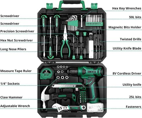 Power Drill Tool Set Kit: DEKOPRO Cordless Drill Tool Box with 12V Battery Electric Drill Driver for Home Hand Repair Power Tools Sets Drills Case in Kuwait