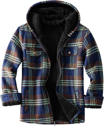 Men's Zip Up Fleece Flannel Jackets Plaid Cotton Shirt Hoodie Warm Soft Winter Coats for Men with Hood in Saudi Arabia