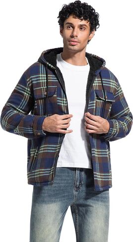 Men's Zip Up Fleece Flannel Jackets Plaid Cotton Shirt Hoodie Warm Soft Winter Coats for Men with Hood in Saudi Arabia