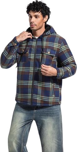 Men's Zip Up Fleece Flannel Jackets Plaid Cotton Shirt Hoodie Warm Soft Winter Coats for Men with Hood in Saudi Arabia