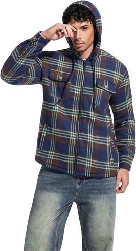 Men's Zip Up Fleece Flannel Jackets Plaid Cotton Shirt Hoodie Warm Soft Winter Coats for Men with Hood in Saudi Arabia