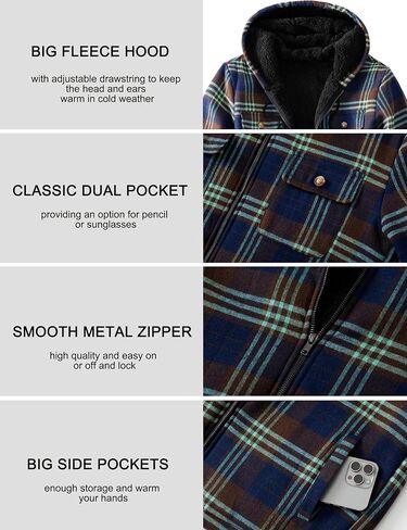 Men's Zip Up Fleece Flannel Jackets Plaid Cotton Shirt Hoodie Warm Soft Winter Coats for Men with Hood in Saudi Arabia