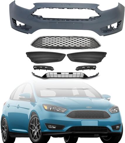 YHB المصد الأمامي الكامل والشوايات طقم غطاء الضباب الخفيف لـ 2015-2018 Ford Focus S SE SEL 4 أبواب - مجموعة المصد الأمامي الكاملة (مجموعة المصد - 8 قطع) in Saudi Arabia