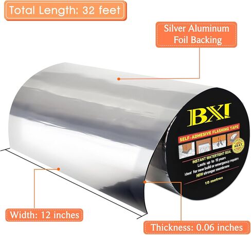 BXI Flashing Roll Tape Membrane, 4 inches X 32 Feet Thick Waterproof Patch Seal Tape, Self-Adhesive SBS Modified Rubberized Asphalt, Deck Seam Joist Leak Sealant for Roof Window Gutter Repair Outdoor in Kuwait