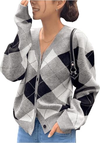 SHENHE Women's Argyle Sweater Button Down V Neck Plaid Cardigan Sweater Outerwear in Kuwait