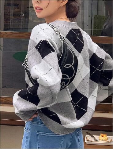 SHENHE Women's Argyle Sweater Button Down V Neck Plaid Cardigan Sweater Outerwear in Kuwait