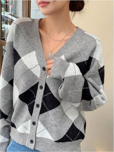 SHENHE Women's Argyle Sweater Button Down V Neck Plaid Cardigan Sweater Outerwear in Kuwait