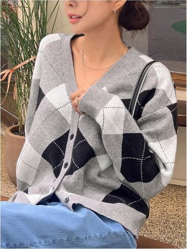 SHENHE Women's Argyle Sweater Button Down V Neck Plaid Cardigan Sweater Outerwear in Kuwait