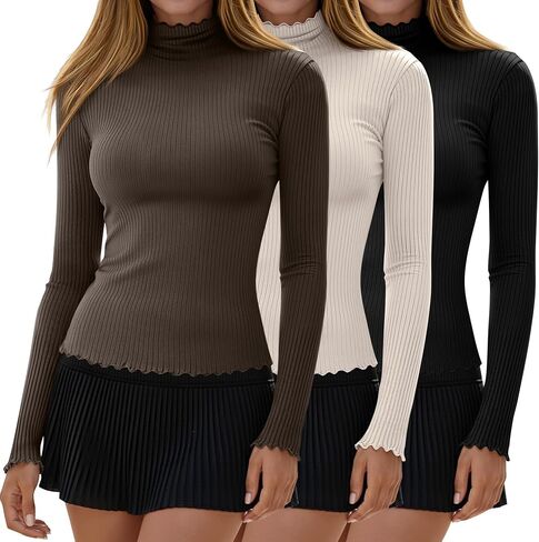 3 Pack Women's Turtleneck Cotton Shirts, Long Sleeve Ribbed Lettuce Trim Mock Neck Slim Fit Tops Soft Base Layer in Saudi Arabia