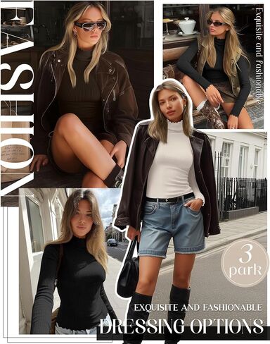 3 Pack Women's Turtleneck Cotton Shirts, Long Sleeve Ribbed Lettuce Trim Mock Neck Slim Fit Tops Soft Base Layer in Saudi Arabia