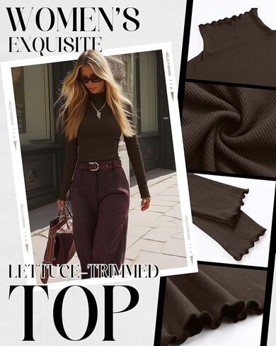 3 Pack Women's Turtleneck Cotton Shirts, Long Sleeve Ribbed Lettuce Trim Mock Neck Slim Fit Tops Soft Base Layer in Saudi Arabia