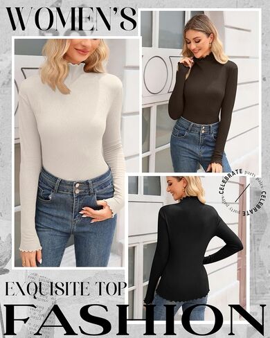 3 Pack Women's Turtleneck Cotton Shirts, Long Sleeve Ribbed Lettuce Trim Mock Neck Slim Fit Tops Soft Base Layer in Saudi Arabia