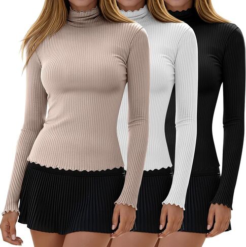 3 Pack Women's Turtleneck Cotton Shirts, Long Sleeve Ribbed Lettuce Trim Mock Neck Slim Fit Tops Soft Base Layer in Saudi Arabia