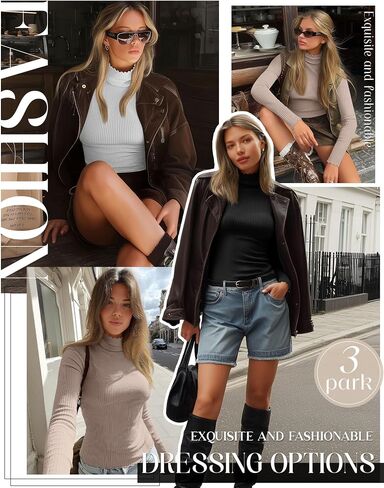 3 Pack Women's Turtleneck Cotton Shirts, Long Sleeve Ribbed Lettuce Trim Mock Neck Slim Fit Tops Soft Base Layer in Saudi Arabia