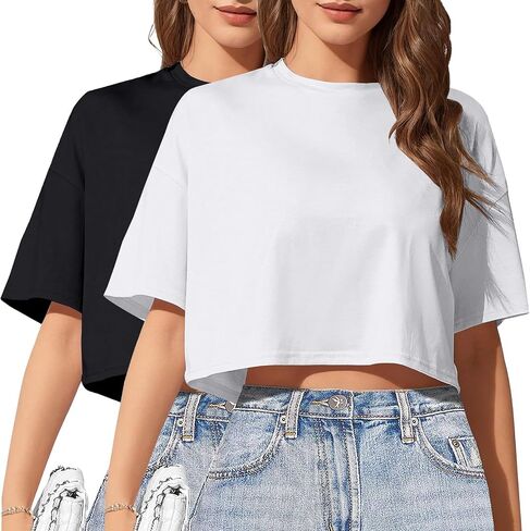2 قطعة المرأة الأساسية المحاصيل الأعلى قطرة الكتف تي شيرت نصف كم اقتصاص المحملة Crewneck كم قصير بلوزة الصيف عادية in Kuwait