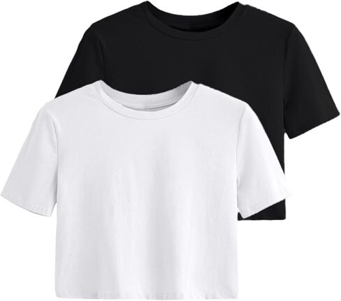 2 قطعة المرأة الأساسية المحاصيل الأعلى قطرة الكتف تي شيرت نصف كم اقتصاص المحملة Crewneck كم قصير بلوزة الصيف عادية in Kuwait