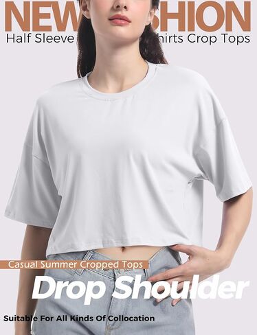 2 قطعة المرأة الأساسية المحاصيل الأعلى قطرة الكتف تي شيرت نصف كم اقتصاص المحملة Crewneck كم قصير بلوزة الصيف عادية in Kuwait