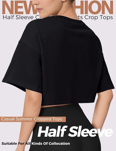 2 قطعة المرأة الأساسية المحاصيل الأعلى قطرة الكتف تي شيرت نصف كم اقتصاص المحملة Crewneck كم قصير بلوزة الصيف عادية in Kuwait