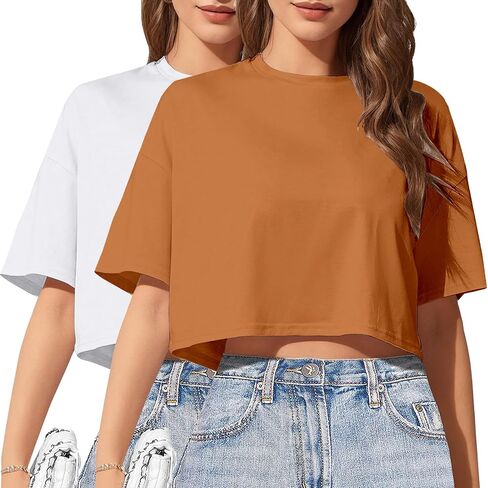 2 قطعة المرأة الأساسية المحاصيل الأعلى قطرة الكتف تي شيرت نصف كم اقتصاص المحملة Crewneck كم قصير بلوزة الصيف عادية in Kuwait