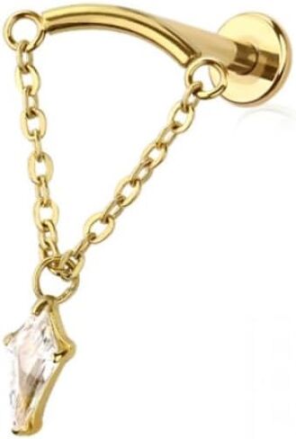 Pierced Owl 16GA 316L Stainless Steel Threadless Push-In Curved Bar with Dangling Chain and Marquise Shaped CZ Crystal Hidden Helix Flat Back Stud in Saudi Arabia