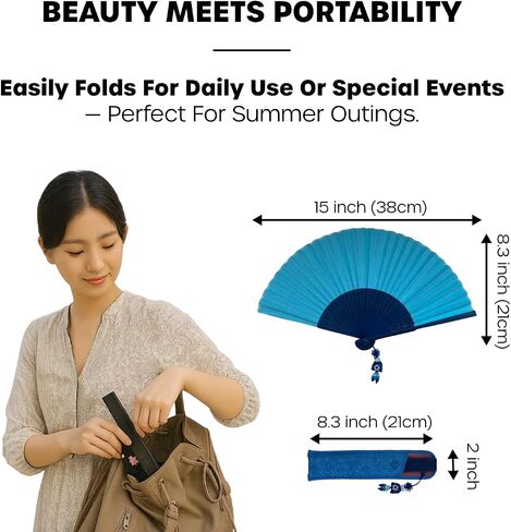 Korean Traditional Hand Held Folding Fan, 8.27"(21cm) Bamboo and Korean Paper (Hanji) Hand Fan - With a Fabric Sleeve for Protection, Korean Charming Elegant Vintage Retro Style (White) in Saudi Arabia