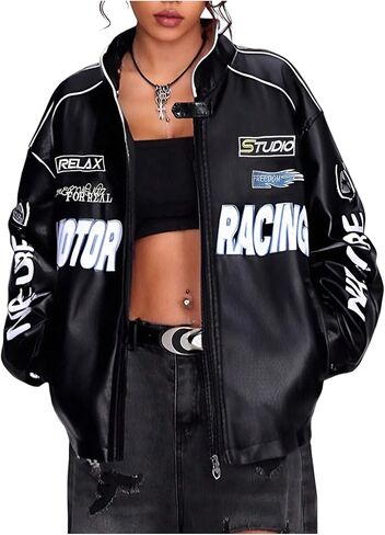 سترة SOLY HUX النسائية من الجلد الصناعي للدراجات النارية Y2k Racing Graphic Bomber Jackets معطف ملابس الشارع in Saudi Arabia
