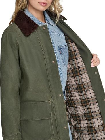 Levi's womens Levi's Women's Wax Look Long Barn Coat With Plaid Lining in Saudi Arabia