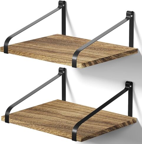 Love-KANKEI Floating Shelves Wall Mount Rustic Wood Wall Shelves with Large Storage L16.5 x W12 inch for Kitchen Living Room Bathroom Bedroom Set of 2 Carbonized Black in Kuwait
