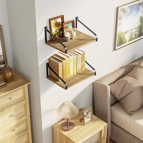 Love-KANKEI Floating Shelves Wall Mount Rustic Wood Wall Shelves with Large Storage L16.5 x W12 inch for Kitchen Living Room Bathroom Bedroom Set of 2 Carbonized Black in Kuwait
