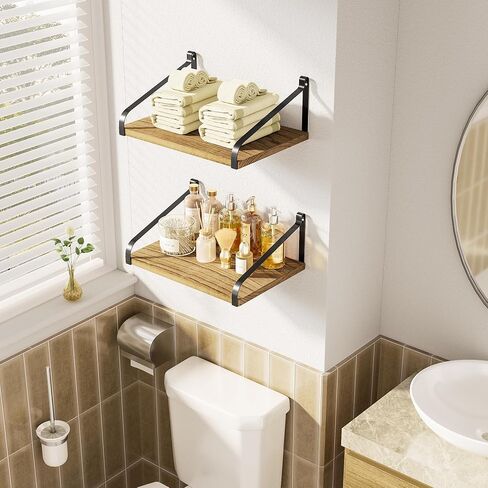 Love-KANKEI Floating Shelves Wall Mount Rustic Wood Wall Shelves with Large Storage L16.5 x W12 inch for Kitchen Living Room Bathroom Bedroom Set of 2 Carbonized Black in Kuwait