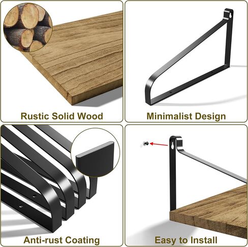 Love-KANKEI Floating Shelves Wall Mount Rustic Wood Wall Shelves with Large Storage L16.5 x W12 inch for Kitchen Living Room Bathroom Bedroom Set of 2 Carbonized Black in Kuwait