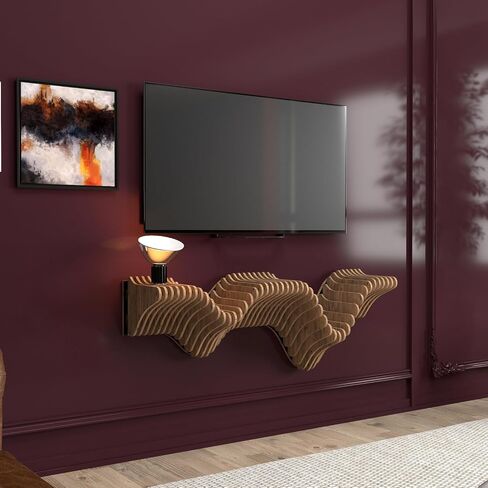 Parametric 40 inch Floating Shelf TV Unit Modern Geometric Wooden Wall Piece Decor Natural Oak Color 3D Wavy Living and Gaming Room Shelf in Saudi Arabia