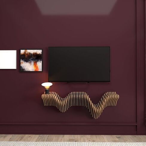 Parametric 40 inch Floating Shelf TV Unit Modern Geometric Wooden Wall Piece Decor Natural Oak Color 3D Wavy Living and Gaming Room Shelf in Saudi Arabia