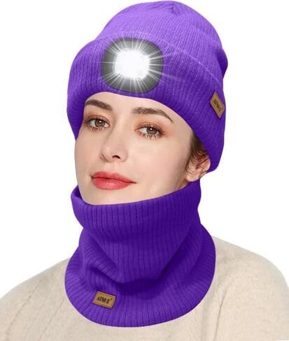 ATNKE LED Lighted Beanie Hat and Scarf Suit,USB Rechargeable 4 LED Run Headlamp Lined Fleece Cap Light for Men and Women in Saudi Arabia